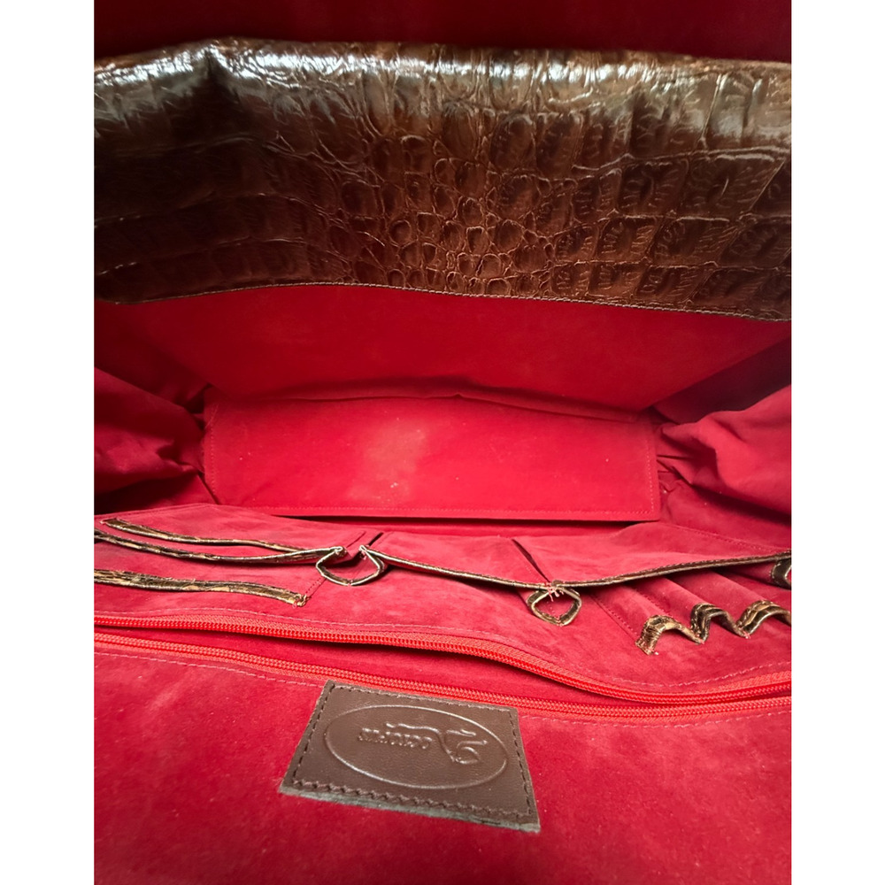Vintage Octopus Brand XL Brown Leather Satchel Bag Croc Embossed Handbag Brass - Picture 16 of 16
